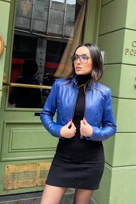 Women’s blue lambskin leather jacket -detail stylish look 4