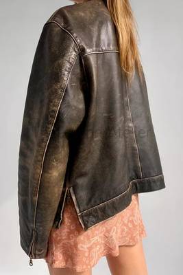 Women’s tailored mid-length rub-off leather coat brown 2