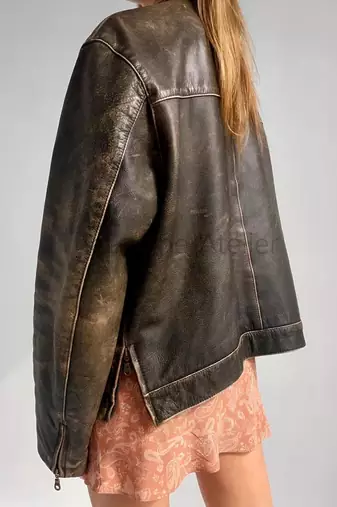 Women’s tailored mid-length rub-off leather coat brown