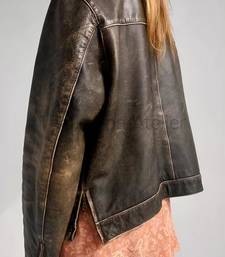 Women’s tailored mid-length rub-off leather coat brown