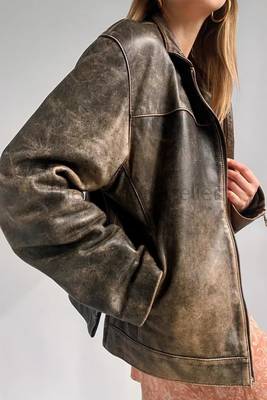 Women’s tailored mid-length rub-off leather coat brown 3