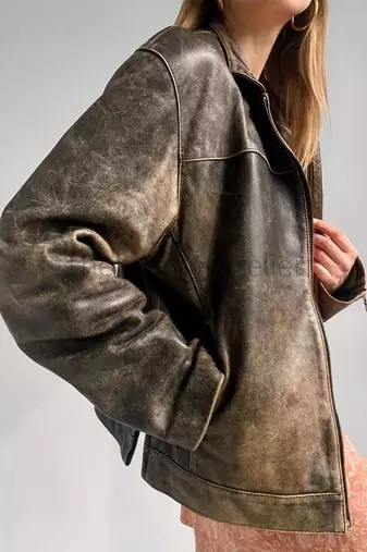 Women’s tailored mid-length rub-off leather coat brown