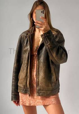 Women’s tailored mid-length rub-off leather coat brown 1
