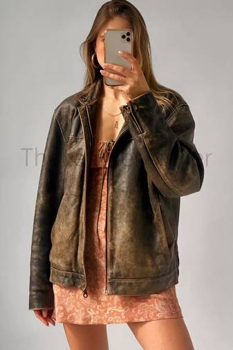 Women’s tailored mid-length rub-off leather coat brown