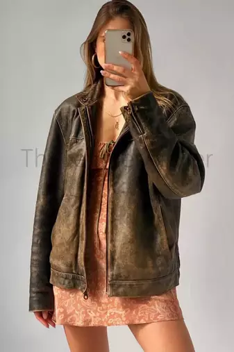 Women’s tailored mid-length rub-off leather coat brown