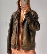 Women’s tailored mid-length rub-off leather coat brown