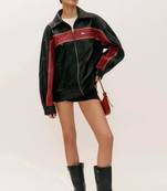 Women’s black - red lambskin leather jacket- zipper detail stylish look
