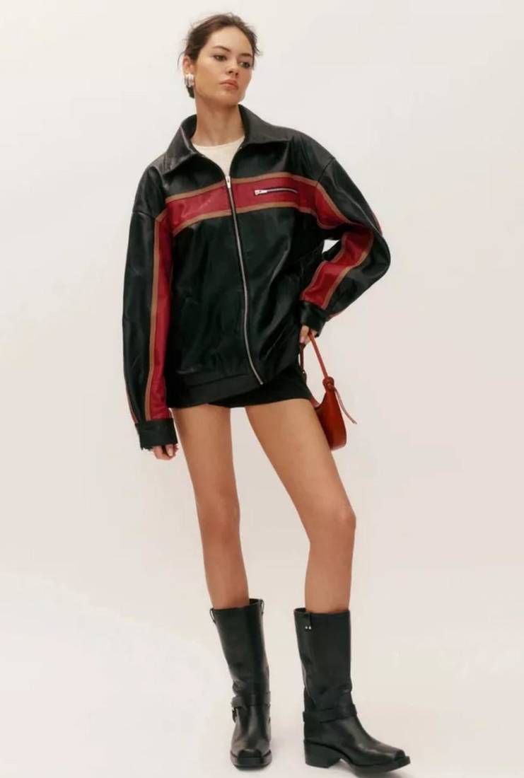 Women’s black - red lambskin leather jacket- zipper detail stylish look