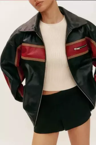 Women’s black - red lambskin leather jacket- zipper detail stylish look