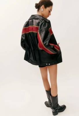 Women’s black - red lambskin leather jacket- zipper detail stylish look 3