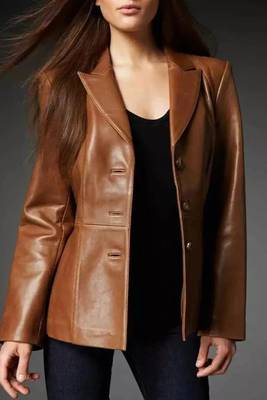 Women’s brown tailored mid-length trench style leather coat 2