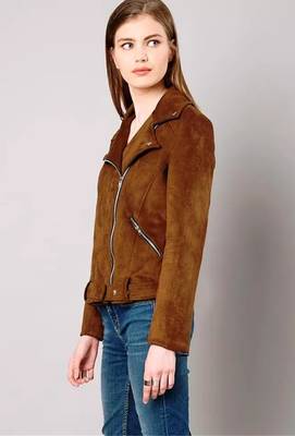 Women’s brown suede lambskin leather jacket -asymmetrical zipper 2