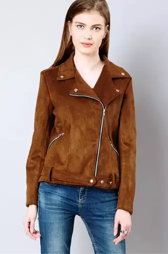 Women’s brown suede lambskin leather jacket -asymmetrical zipper