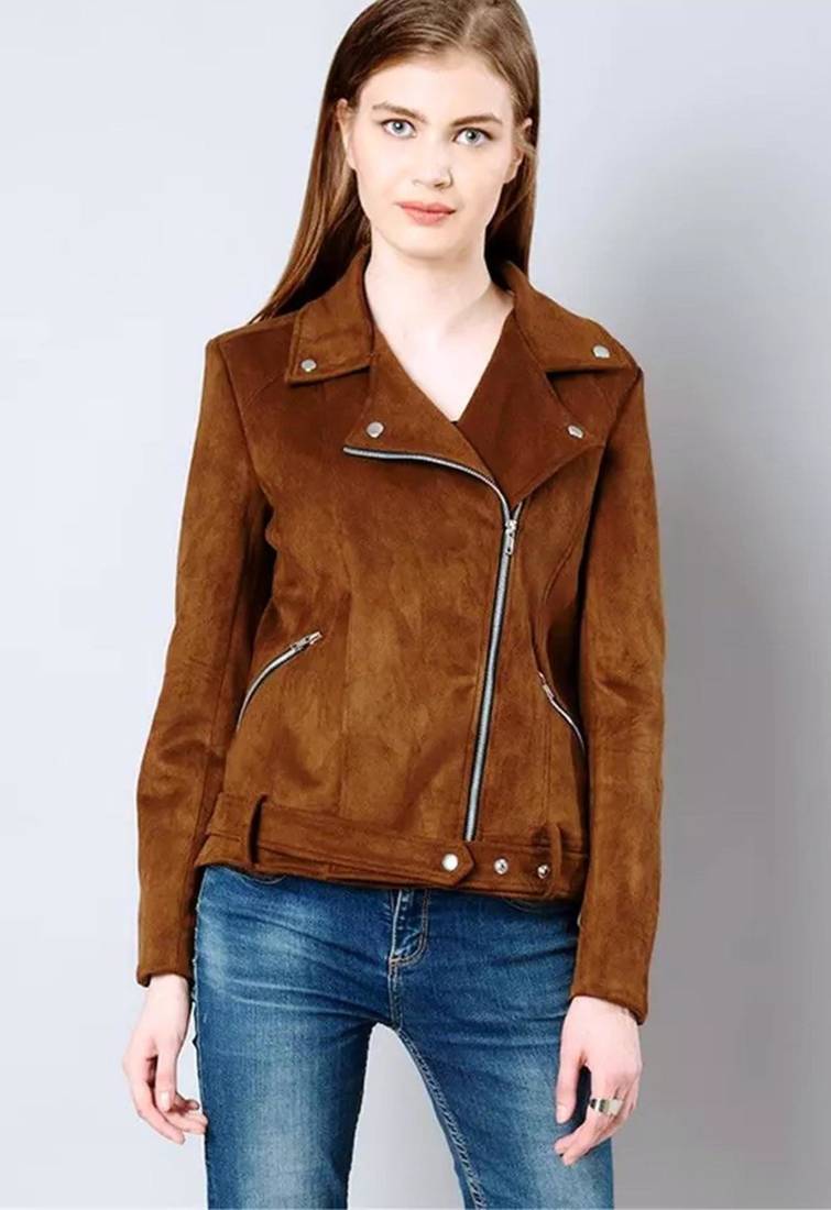 Women’s brown suede lambskin leather jacket -asymmetrical zipper