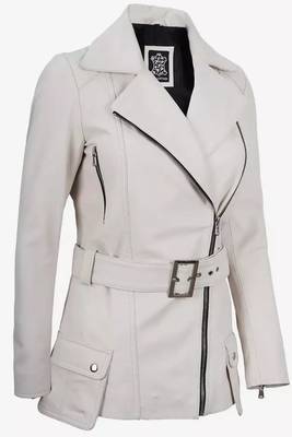 Women’s mid-length belted leather trench-style coat in white 1