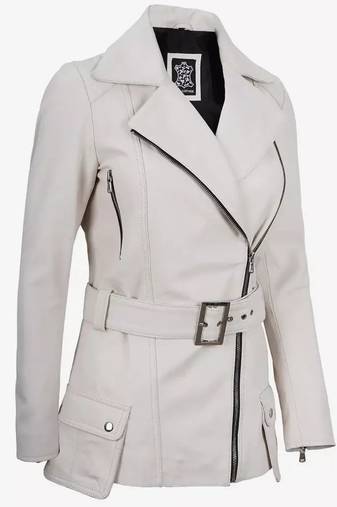 Women’s mid-length belted leather trench-style coat in white