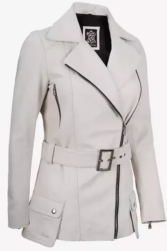 Women’s mid-length belted leather trench-style coat in white