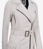 Women’s mid-length belted leather trench-style coat in white
