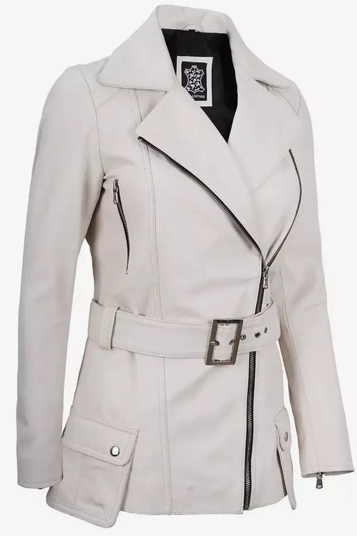 Women’s mid-length belted leather trench-style coat in white