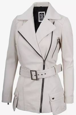 Women’s mid-length belted leather trench-style coat in white 2