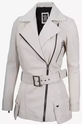 Women’s mid-length belted leather trench-style coat in white
