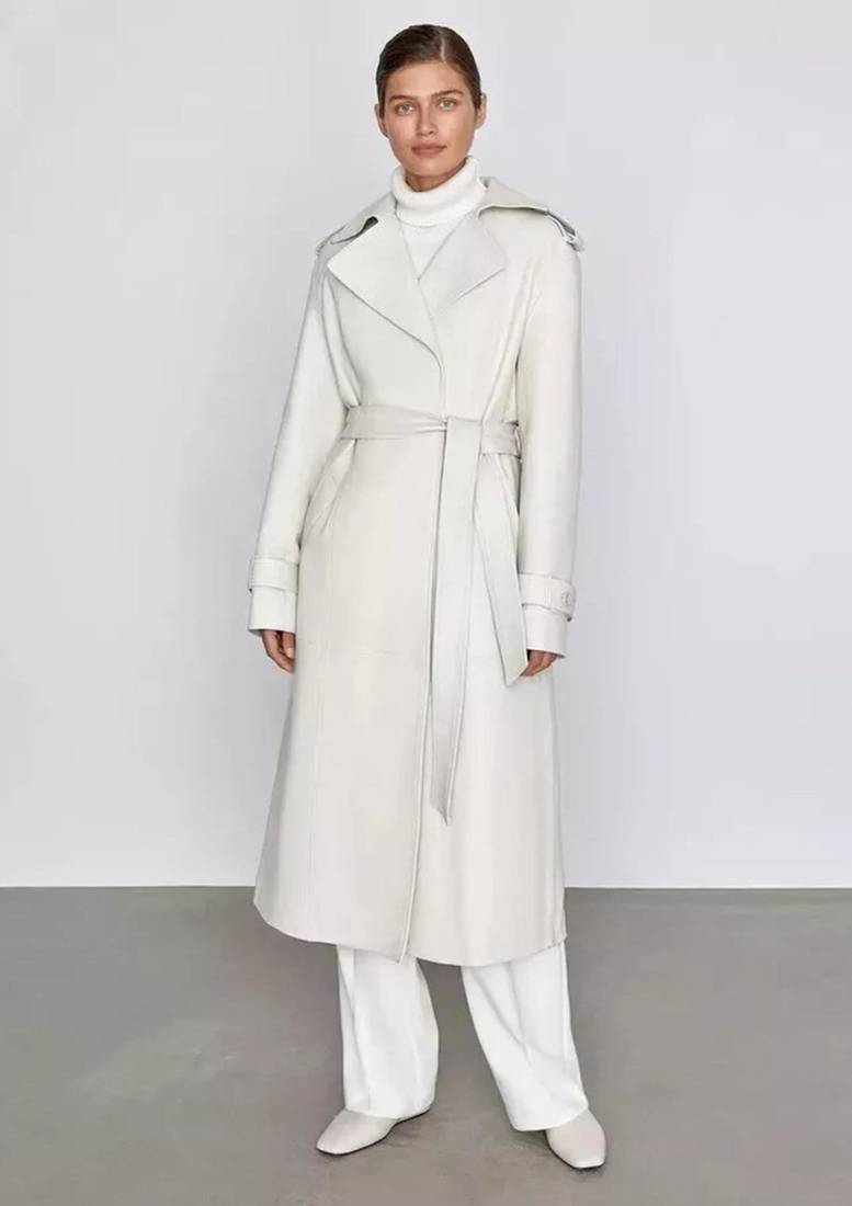 Women’s white full-length safari-inspired leather trench coat