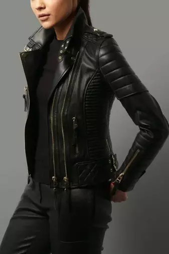 Women’s black lambskin leather jacket -straight zipp quilted jacket