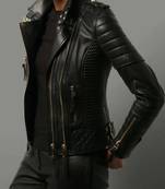 Women’s black lambskin leather jacket -straight zipp quilted jacket