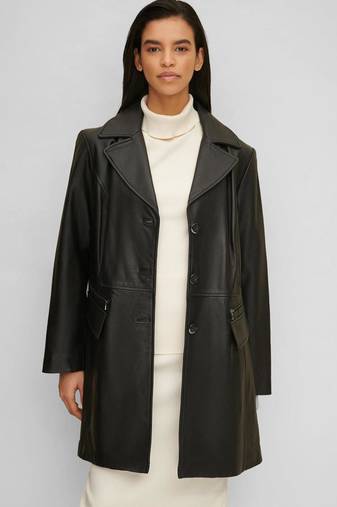 Women’s black full-length safari-inspired leather trench coat