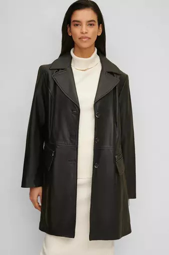 Women’s black full-length safari-inspired leather trench coat