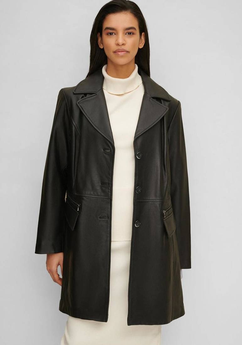 Women’s black full-length safari-inspired leather trench coat