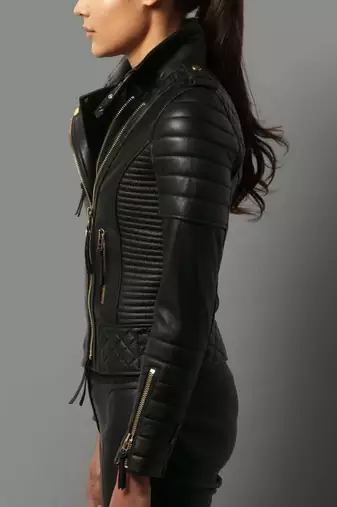 Women’s black lambskin leather jacket -straight zipp quilted jacket