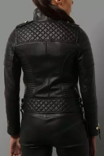 Women’s black lambskin leather jacket -straight zipp quilted jacket