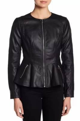 Women’s black  lambskin leather peplum hem shirt style jacket 1