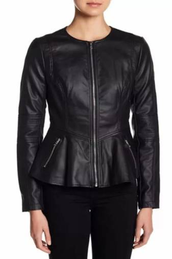 Women’s black  lambskin leather peplum hem shirt style jacket