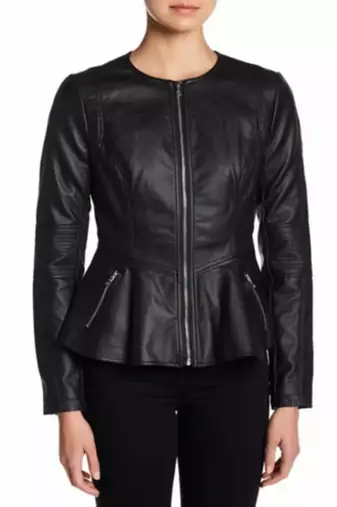 Women’s black  lambskin leather peplum hem shirt style jacket