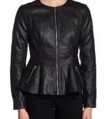 Women’s black  lambskin leather peplum hem shirt style jacket