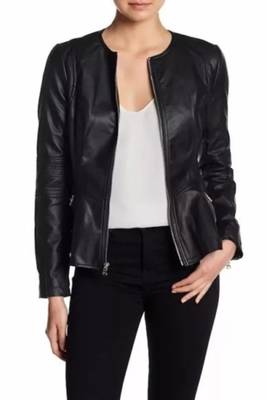 Women’s black  lambskin leather peplum hem shirt style jacket 2