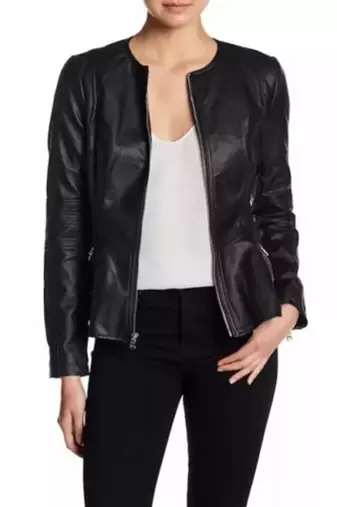 Women’s black  lambskin leather peplum hem shirt style jacket