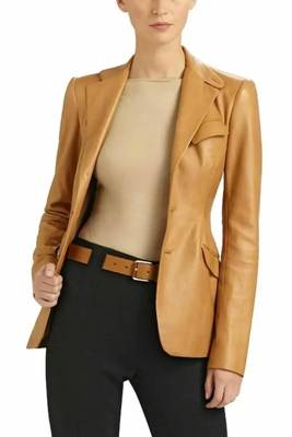Women’s tan brown mid-length tailored trench style leather coat 1