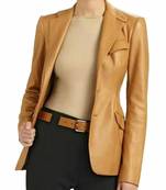 Women’s tan brown mid-length tailored trench style leather coat