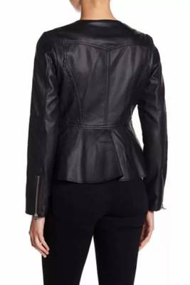 Women’s black  lambskin leather peplum hem shirt style jacket 3