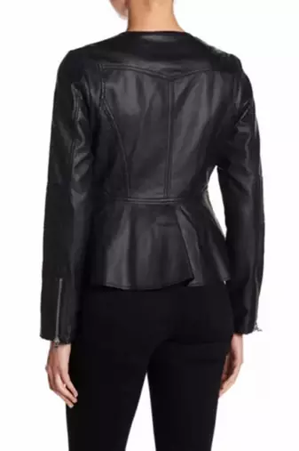 Women’s black  lambskin leather peplum hem shirt style jacket