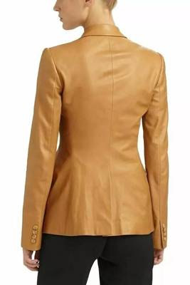 Women’s tan brown mid-length tailored trench style leather coat 2