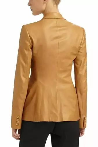 Women’s tan brown mid-length tailored trench style leather coat