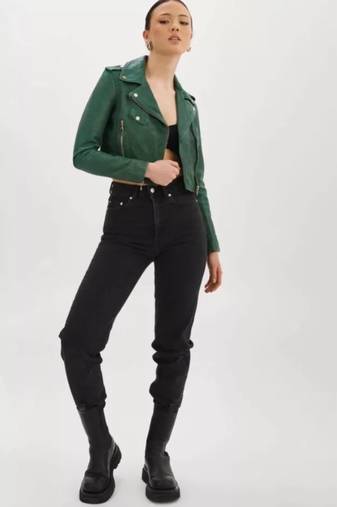 Women’s green lambskin leather jacket biker style