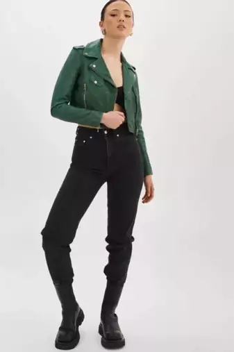 Women’s green lambskin leather jacket biker style