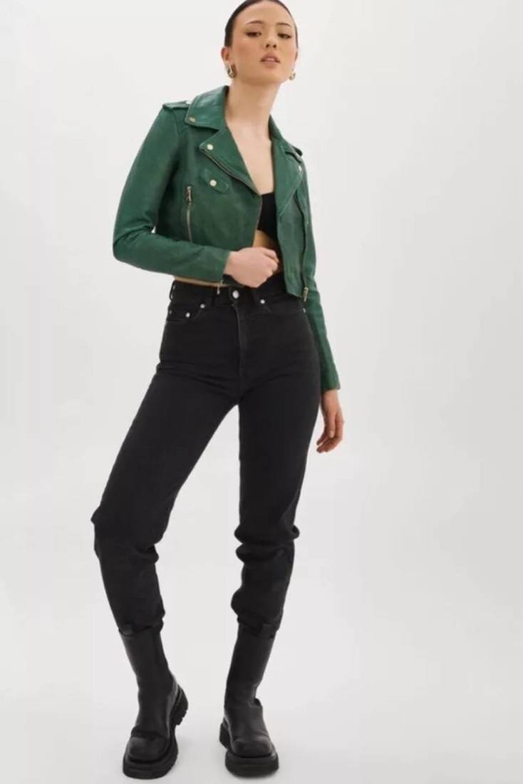 Women’s green lambskin leather jacket biker style