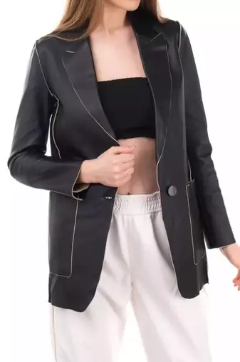Women’s mid-length black leather trench-style coat