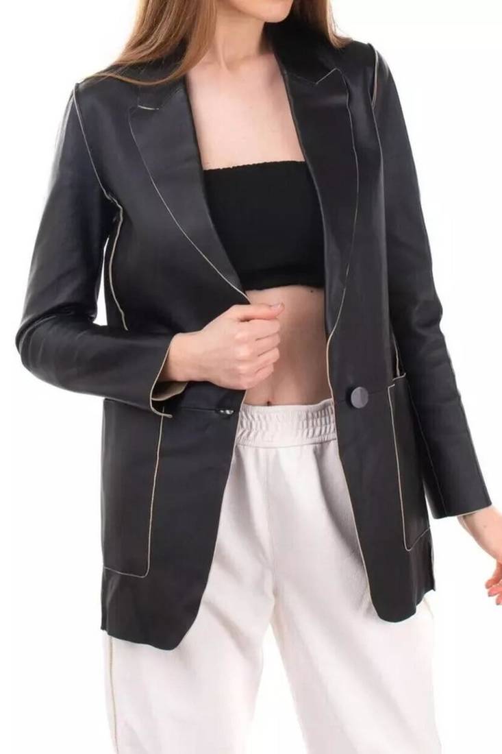 Women’s mid-length black leather trench-style coat